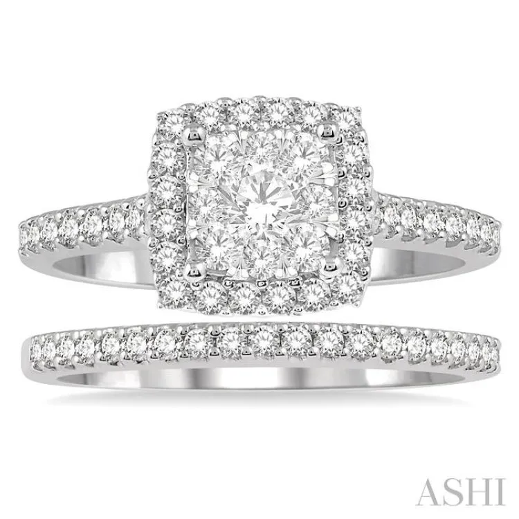 1 Ctw Lovebright Diamond Wedding Set With 3/4 Ctw Square Shape Engagement Ring in White and Yellow Gold and 1/5 Ctw Wedding Band in White Gold in 14K