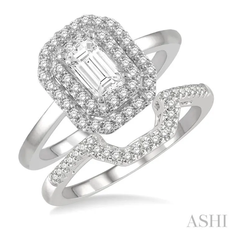 1 ctw Round Cut Diamond Wedding Set With 3/4 ctw Emerald Cut Engagement Ring and 1/5 ctw Trough Shape Center Wedding Band in 14K White Gold
