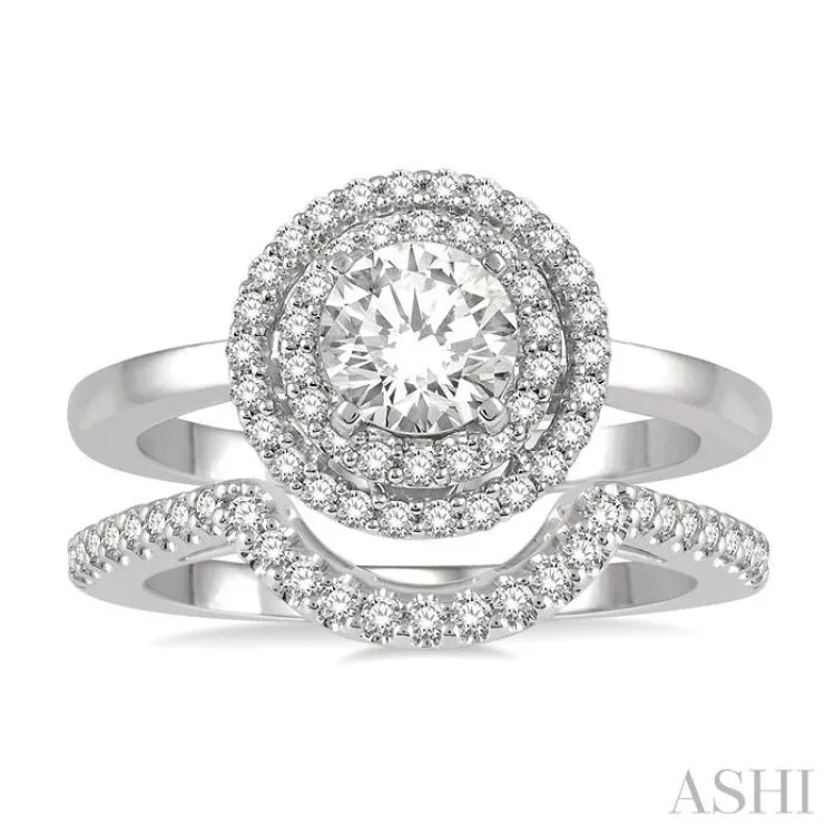 1 ctw Round Cut Diamond Wedding Set With 3/4 ctw Engagement Ring and 1/5 ctw Curved Center Wedding Band in 14K White Gold