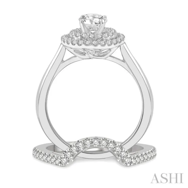 1 ctw Round Cut Diamond Wedding Set With 3/4 ctw Engagement Ring and 1/5 ctw Curved Center Wedding Band in 14K White Gold