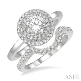1 ctw Round Cut Diamond Wedding Set With 3/4 ctw Engagement Ring and 1/5 ctw Curved Center Wedding Band in 14K White Gold