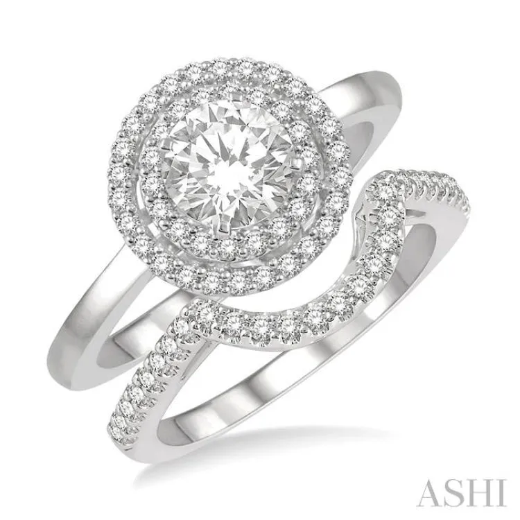 1 ctw Round Cut Diamond Wedding Set With 3/4 ctw Engagement Ring and 1/5 ctw Curved Center Wedding Band in 14K White Gold