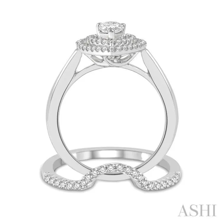 1 ctw Round Cut Diamond Wedding Set With 3/4 ctw Pear Cut Engagement Ring and 1/5 ctw Curved Center Wedding Band in 14K White Gold