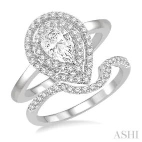 1 ctw Round Cut Diamond Wedding Set With 3/4 ctw Pear Cut Engagement Ring and 1/5 ctw Curved Center Wedding Band in 14K White Gold