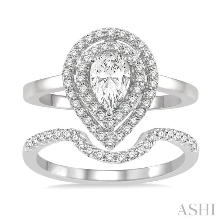 1 ctw Round Cut Diamond Wedding Set With 3/4 ctw Pear Cut Engagement Ring and 1/5 ctw Curved Center Wedding Band in 14K White Gold