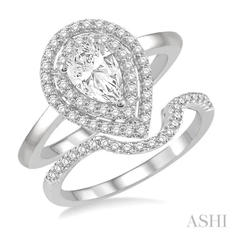 1 ctw Round Cut Diamond Wedding Set With 3/4 ctw Pear Cut Engagement Ring and 1/5 ctw Curved Center Wedding Band in 14K White Gold