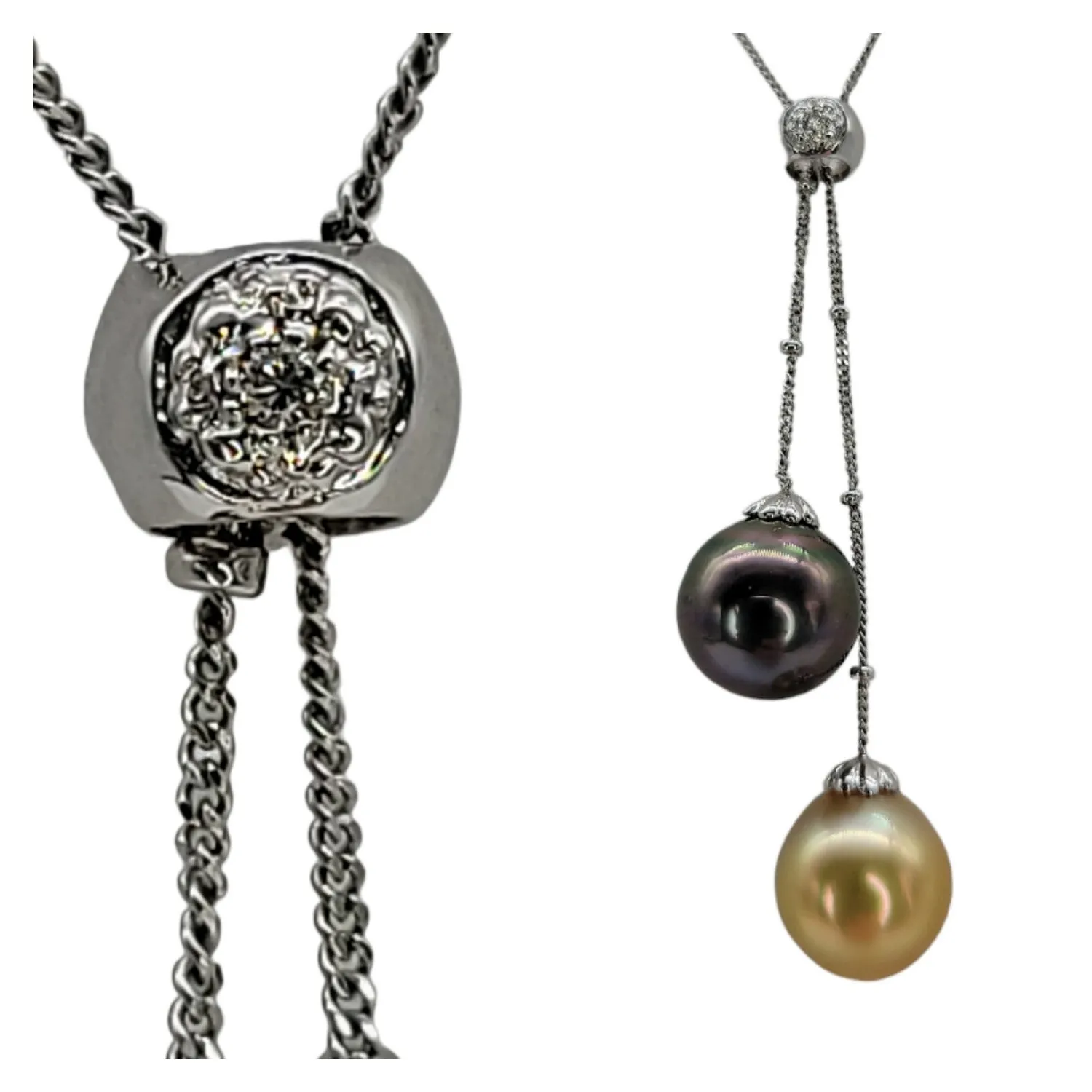 14K White Gold South Sea Pearl And Diamond Lariat Necklace