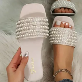 2023 Women Rhinestone Faux Pearl Decor Flat Sandals Glamorous White Slide Sandals Summer Outdoor Beach Sexy Woman Slippers