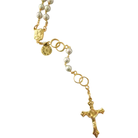 7mm Premium Gold Plated Unity Rosary with Imitation Pearl Glass Beads - 50th Anniversary