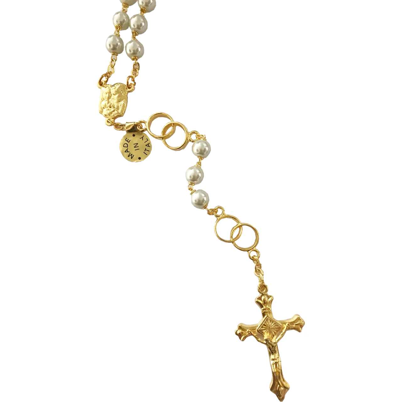 7mm Premium Gold Plated Unity Rosary with Imitation Pearl Glass Beads - 50th Anniversary