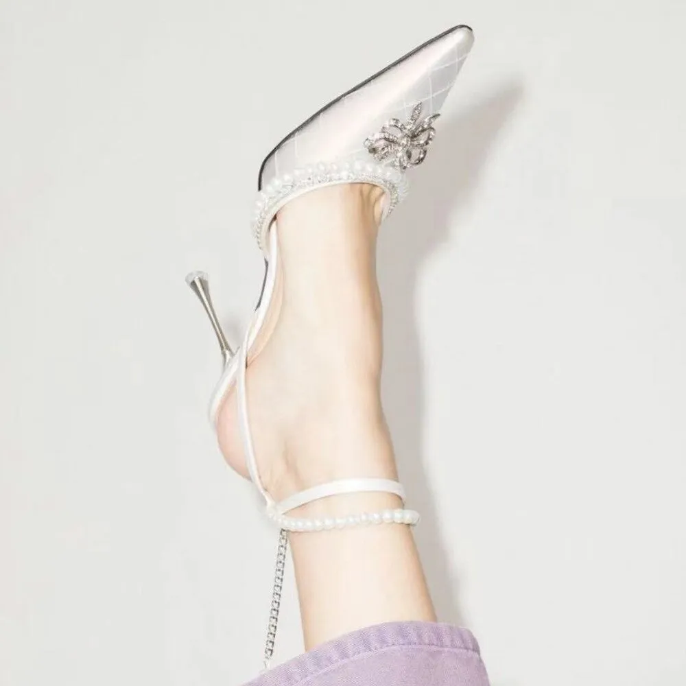 Advbridge New Pearl Rhinestone Fashion Pointed Toe Transparent Sandals Women's Rhinestone Heel Sandals