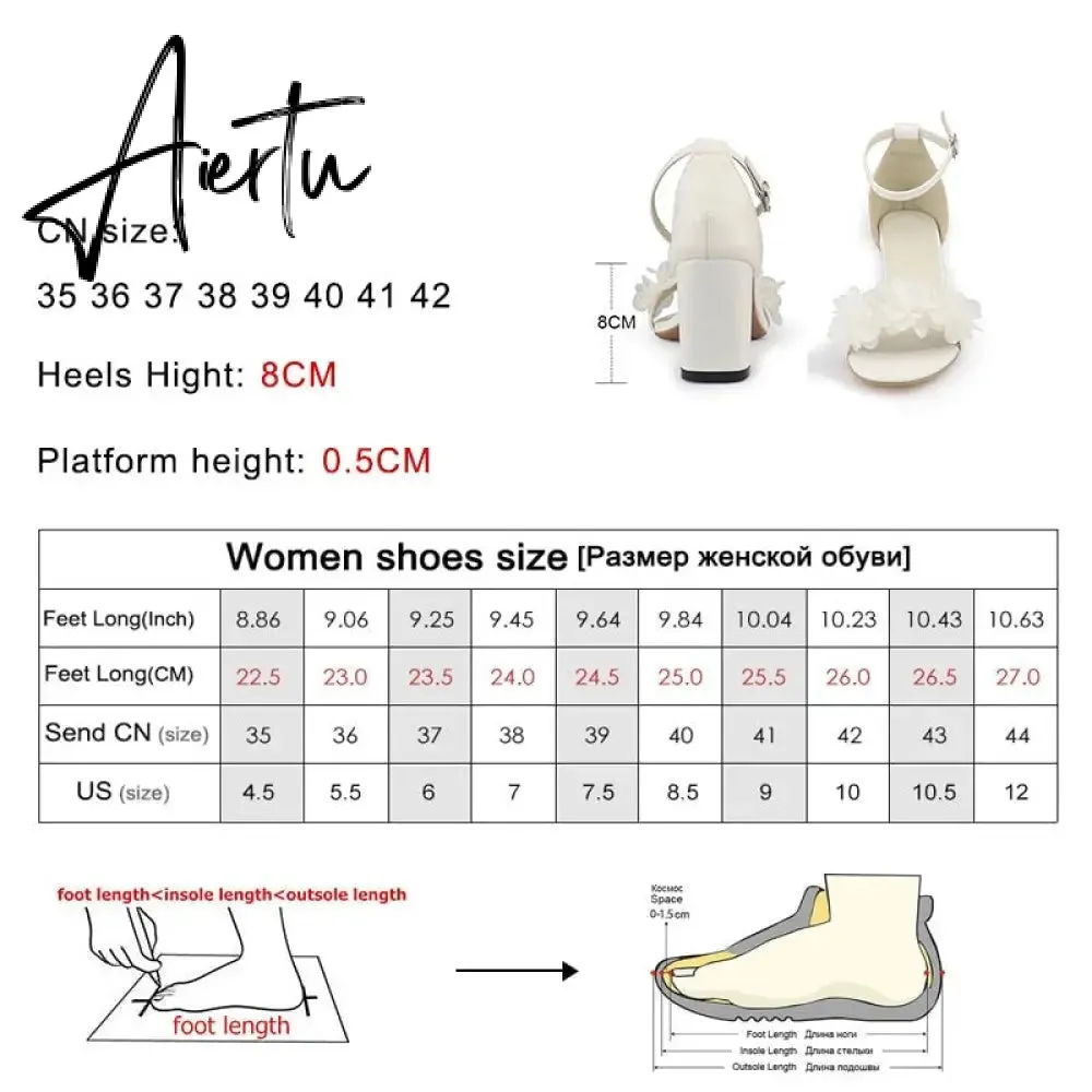 Aiertu  Flowers White High Heels Sandals Women New Summer Shoes Women Fashion Buckle Strap Square Heel Open Toe Sandals handmade