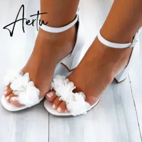 Aiertu  Flowers White High Heels Sandals Women New Summer Shoes Women Fashion Buckle Strap Square Heel Open Toe Sandals handmade