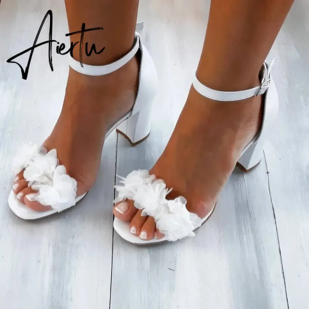 Aiertu  Flowers White High Heels Sandals Women New Summer Shoes Women Fashion Buckle Strap Square Heel Open Toe Sandals handmade