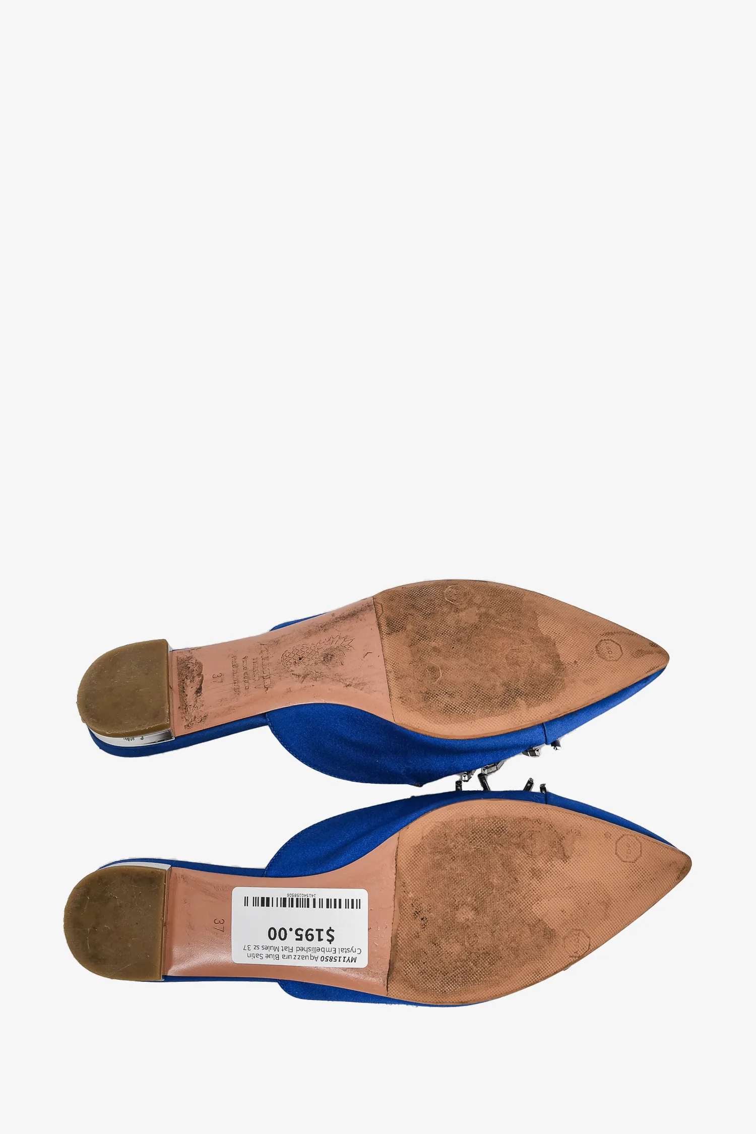 Aquazzura Blue Satin Crystal Embellished Flat Mules Size 37