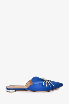 Aquazzura Blue Satin Crystal Embellished Flat Mules Size 37