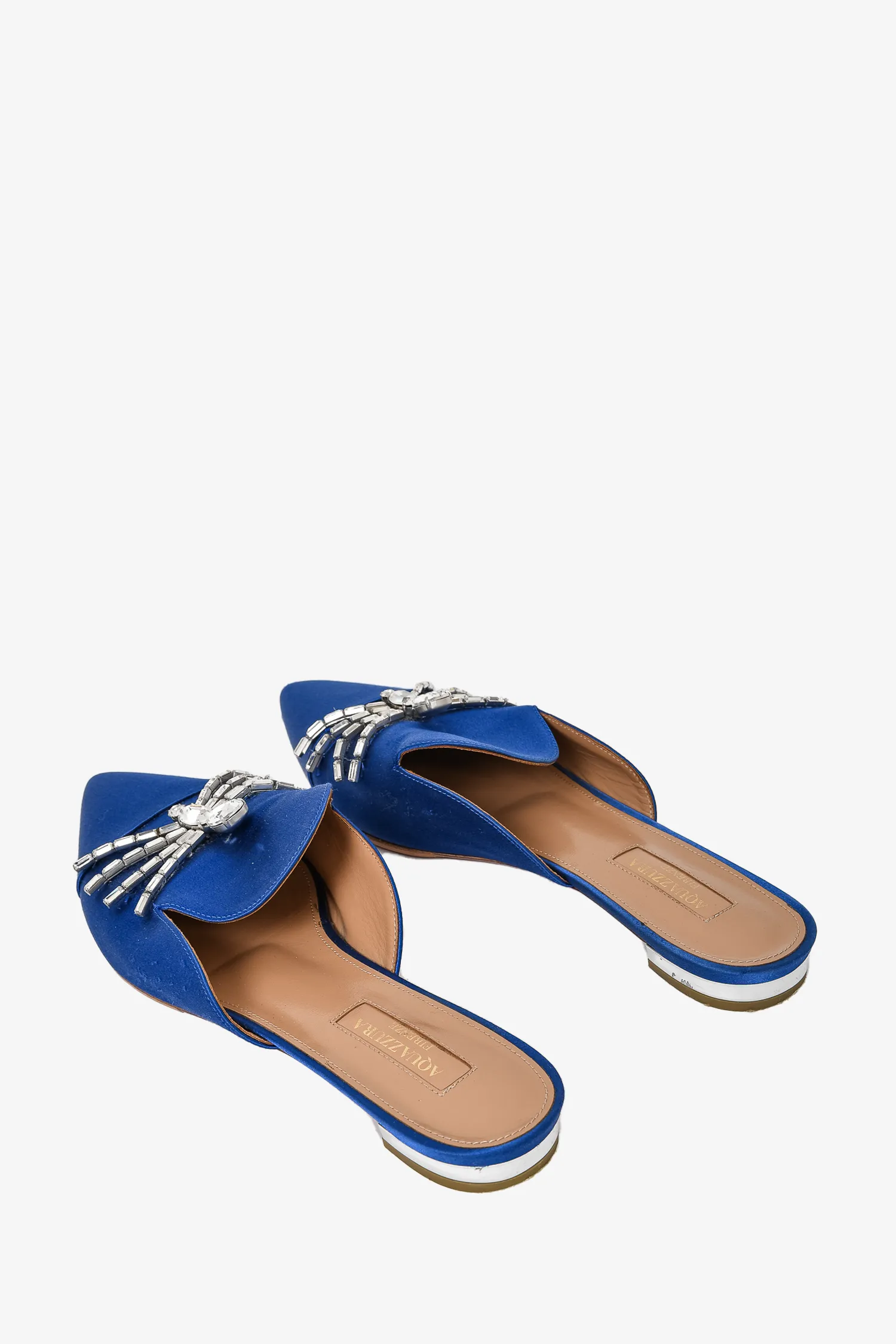 Aquazzura Blue Satin Crystal Embellished Flat Mules Size 37