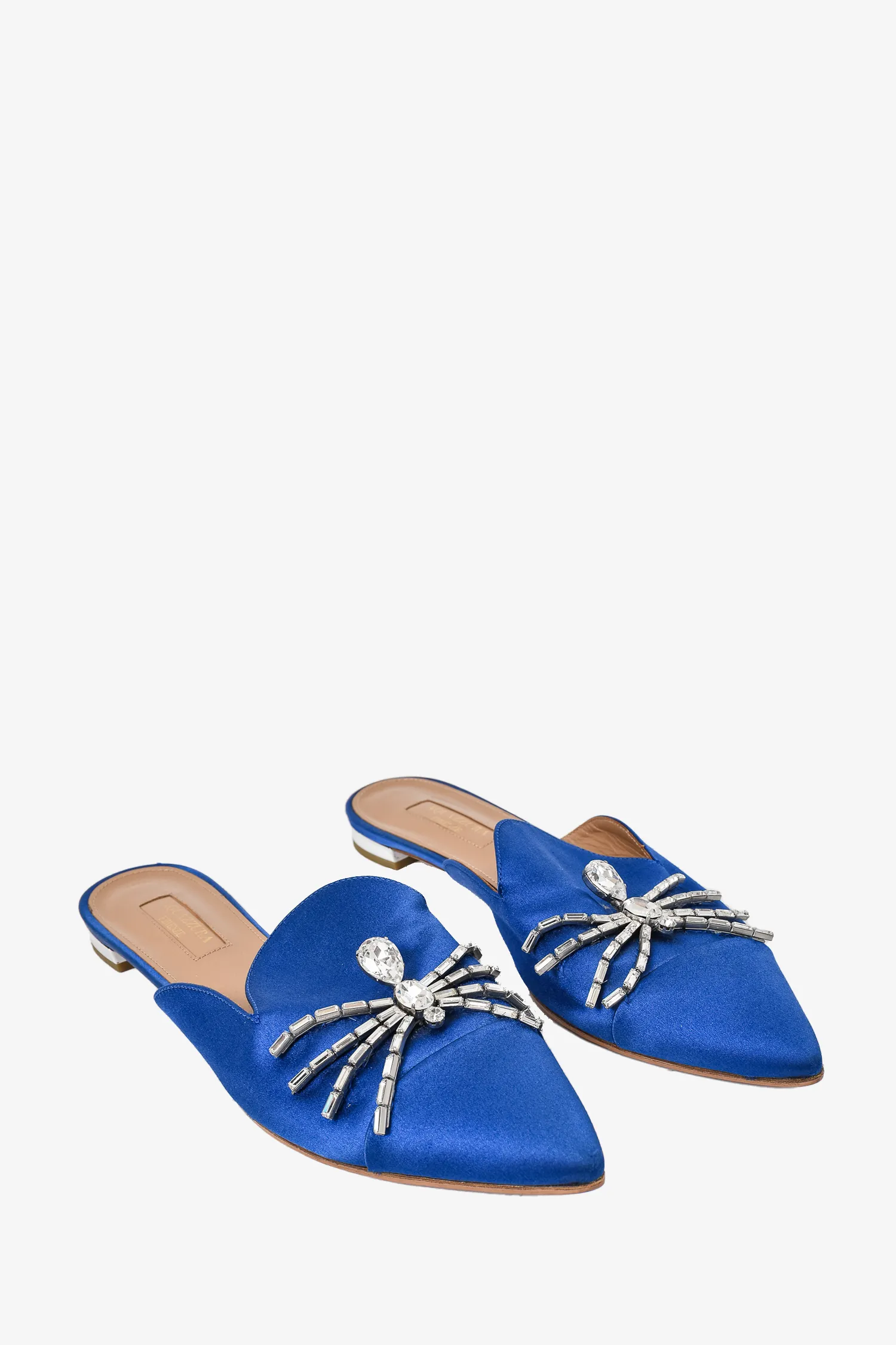 Aquazzura Blue Satin Crystal Embellished Flat Mules Size 37