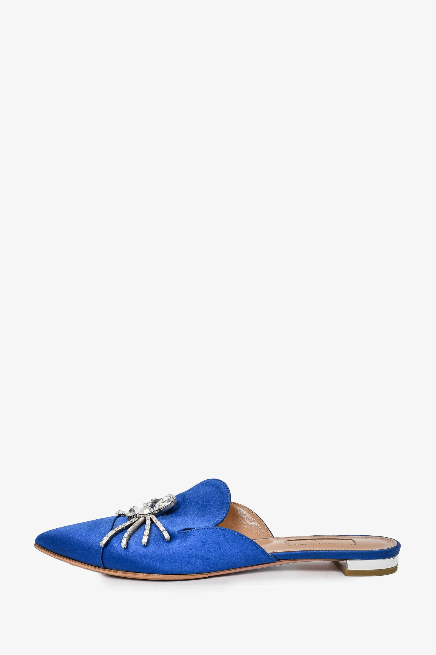 Aquazzura Blue Satin Crystal Embellished Flat Mules Size 37