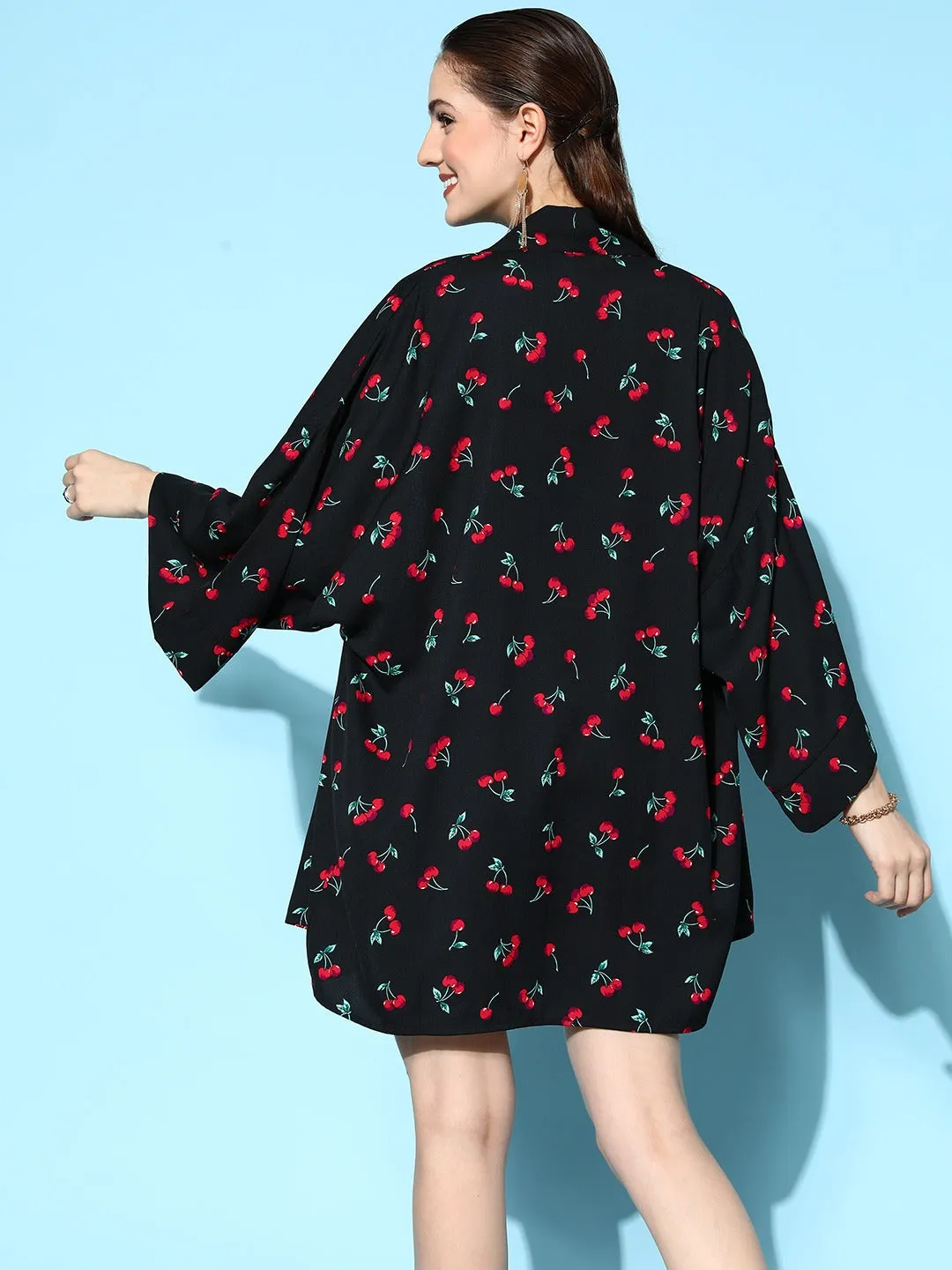 Berrylush Women Black & Red Cherry Printed Square Neck Crop Top & Tie-Up Front Shorts With Shrug