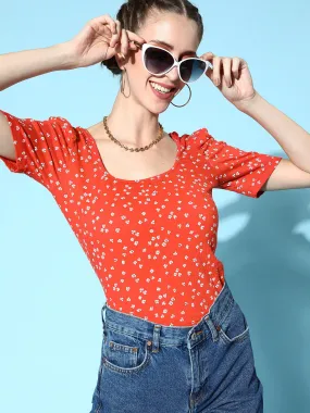 Berrylush Women Deep Red & White Floral Printed Scoop Neck Cotton Regular T-Shirt