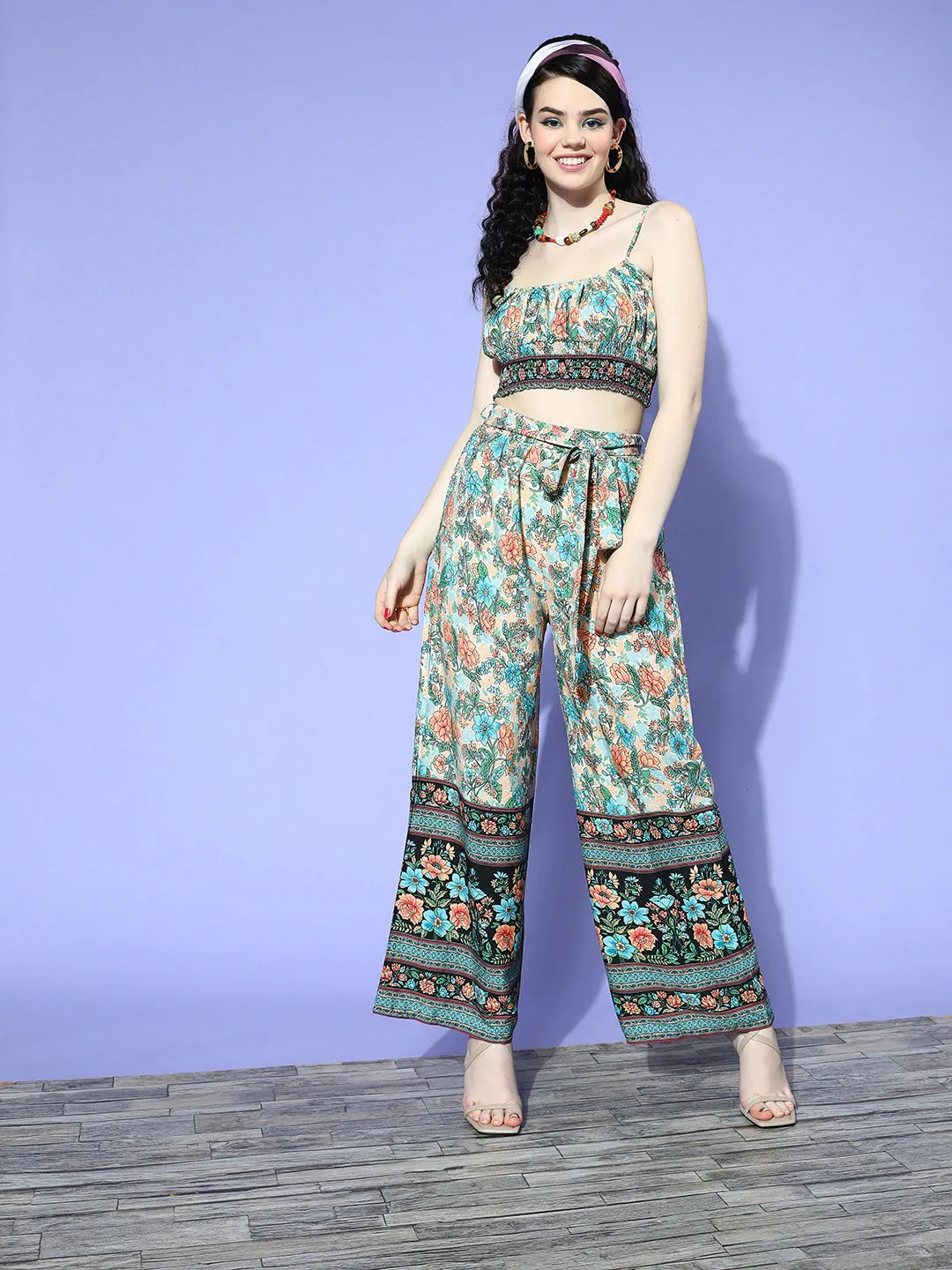 Berrylush Women Multicolour Floral Printed Round Neck Waist Tie-Up Crop Top & Wide-Leg Trousers Set
