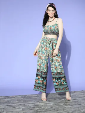 Berrylush Women Multicolour Floral Printed Round Neck Waist Tie-Up Crop Top & Wide-Leg Trousers Set