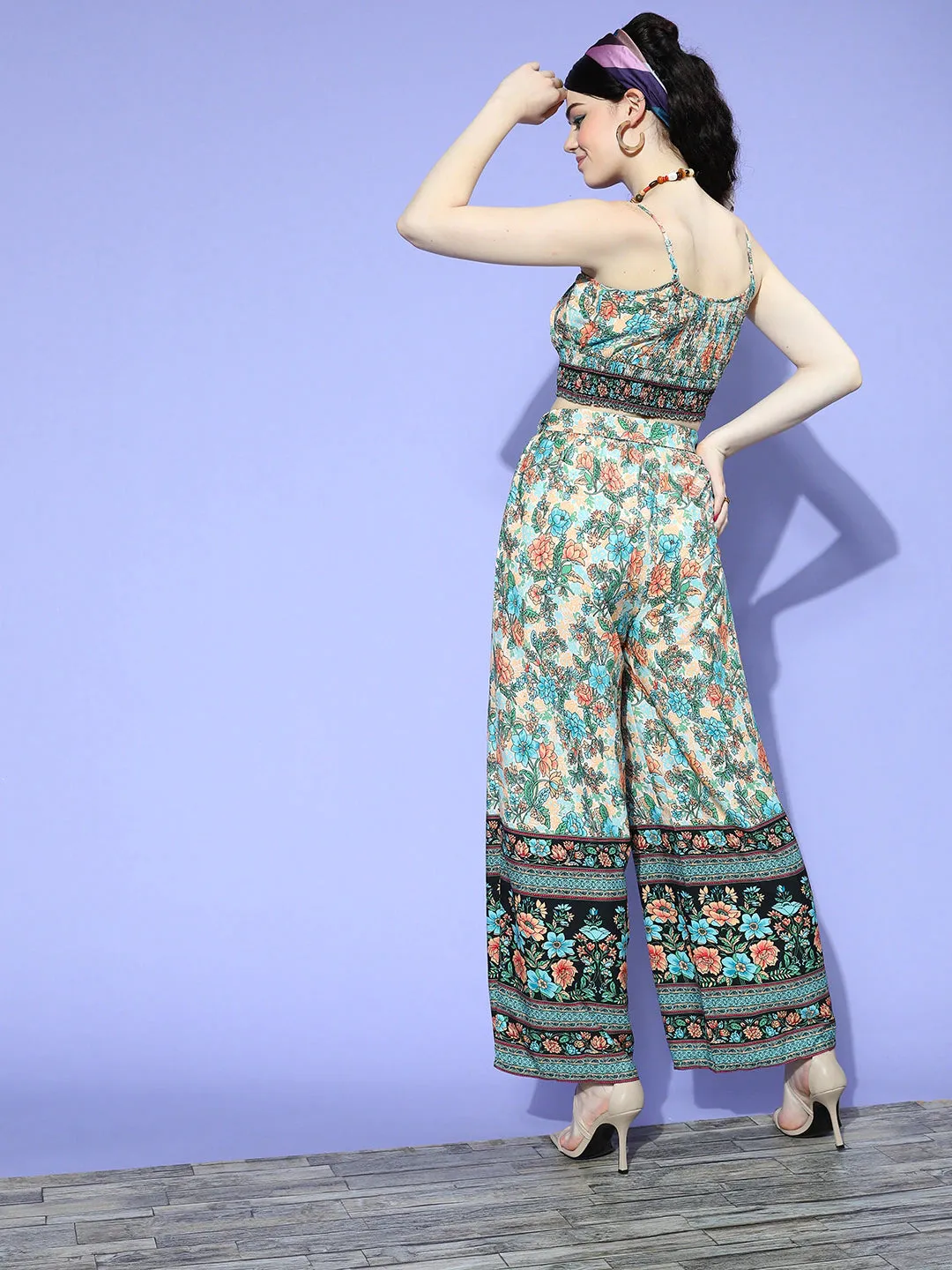 Berrylush Women Multicolour Floral Printed Round Neck Waist Tie-Up Crop Top & Wide-Leg Trousers Set