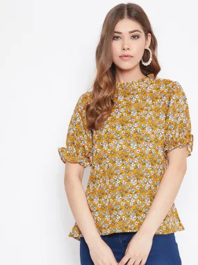 Berrylush Women Mustard Yellow & White Floral Printed Mandarin Collar Pleated Top