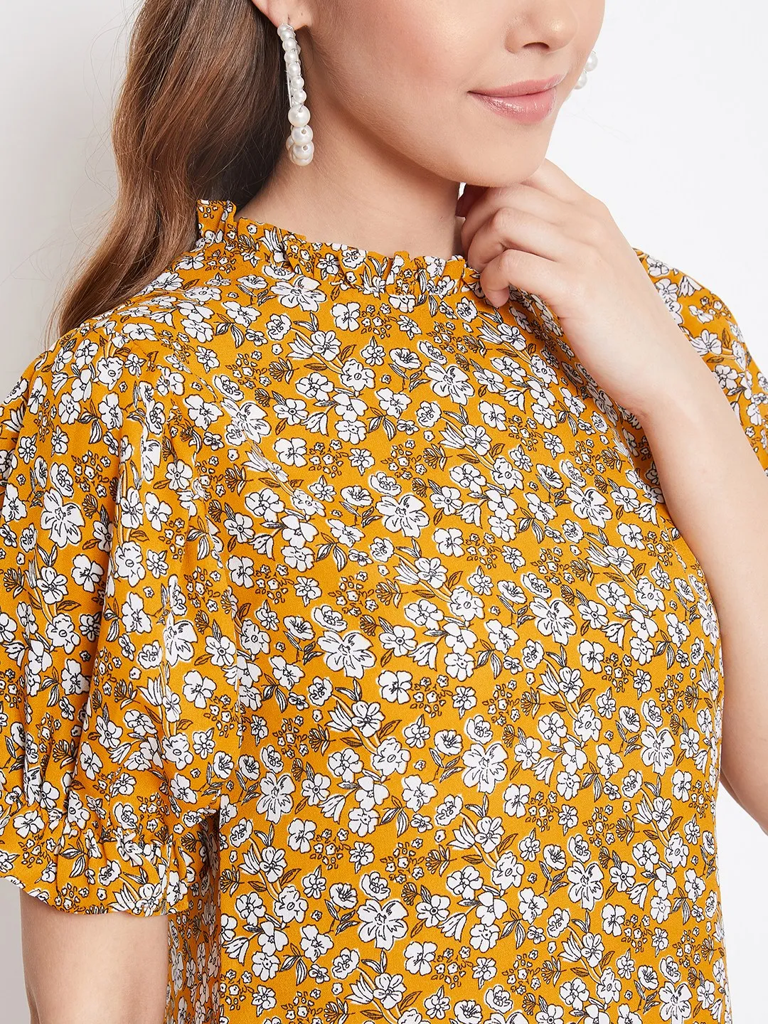 Berrylush Women Mustard Yellow & White Floral Printed Mandarin Collar Pleated Top