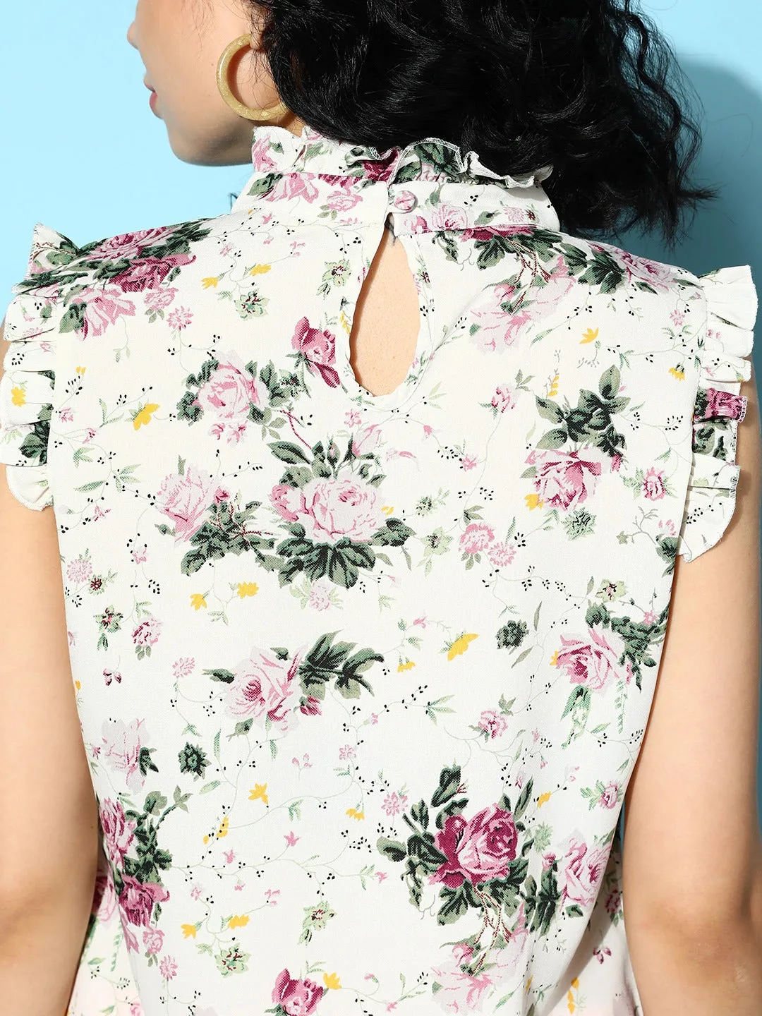 Berrylush Women Off-White & Pink Floral Printed High Neck Sleeveless Crepe Ruffled Regular Top