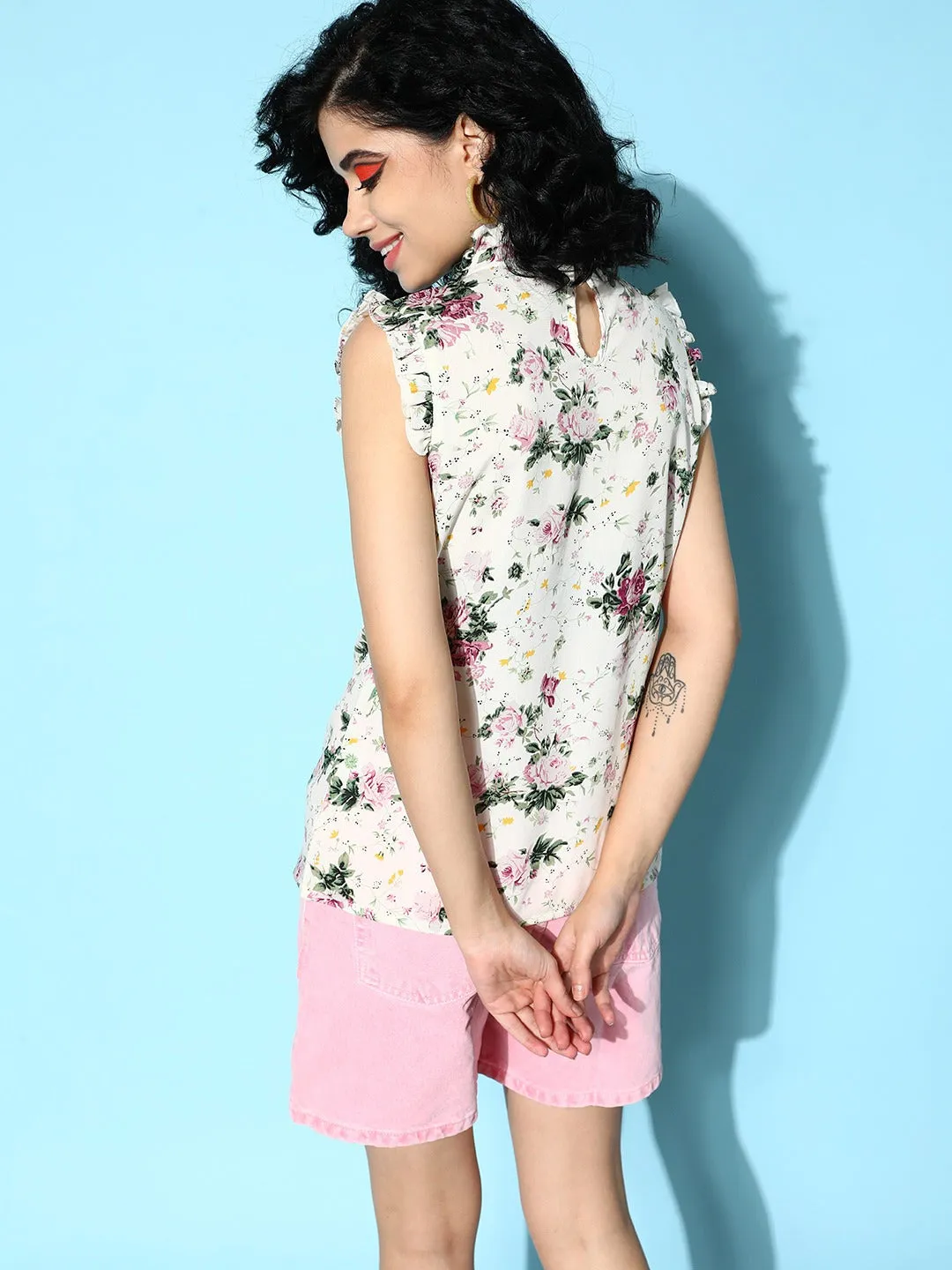 Berrylush Women Off-White & Pink Floral Printed High Neck Sleeveless Crepe Ruffled Regular Top