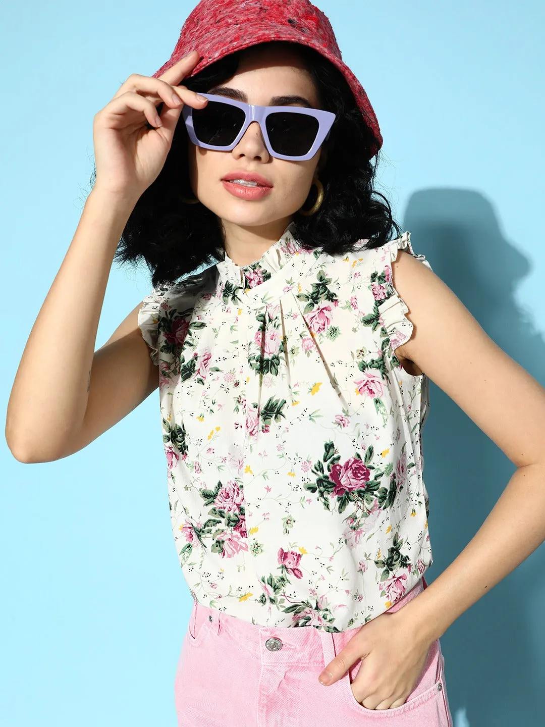 Berrylush Women Off-White & Pink Floral Printed High Neck Sleeveless Crepe Ruffled Regular Top