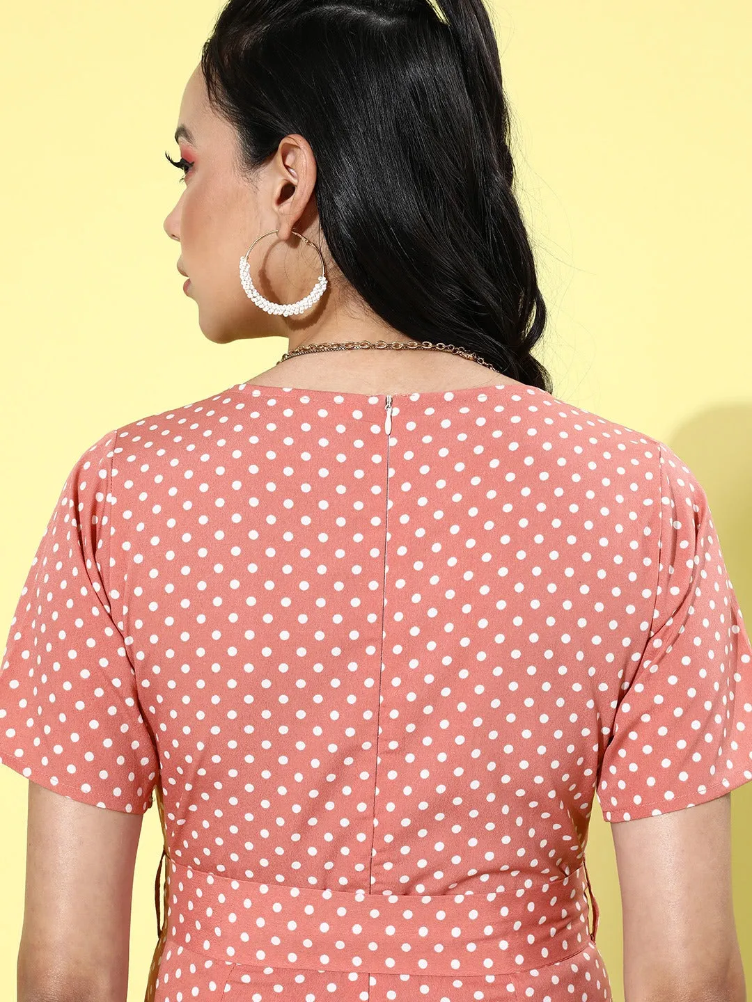 Berrylush Women Pink & White Polka Dot Printed Shawl Neck Waist Tie-Up Jumpsuit