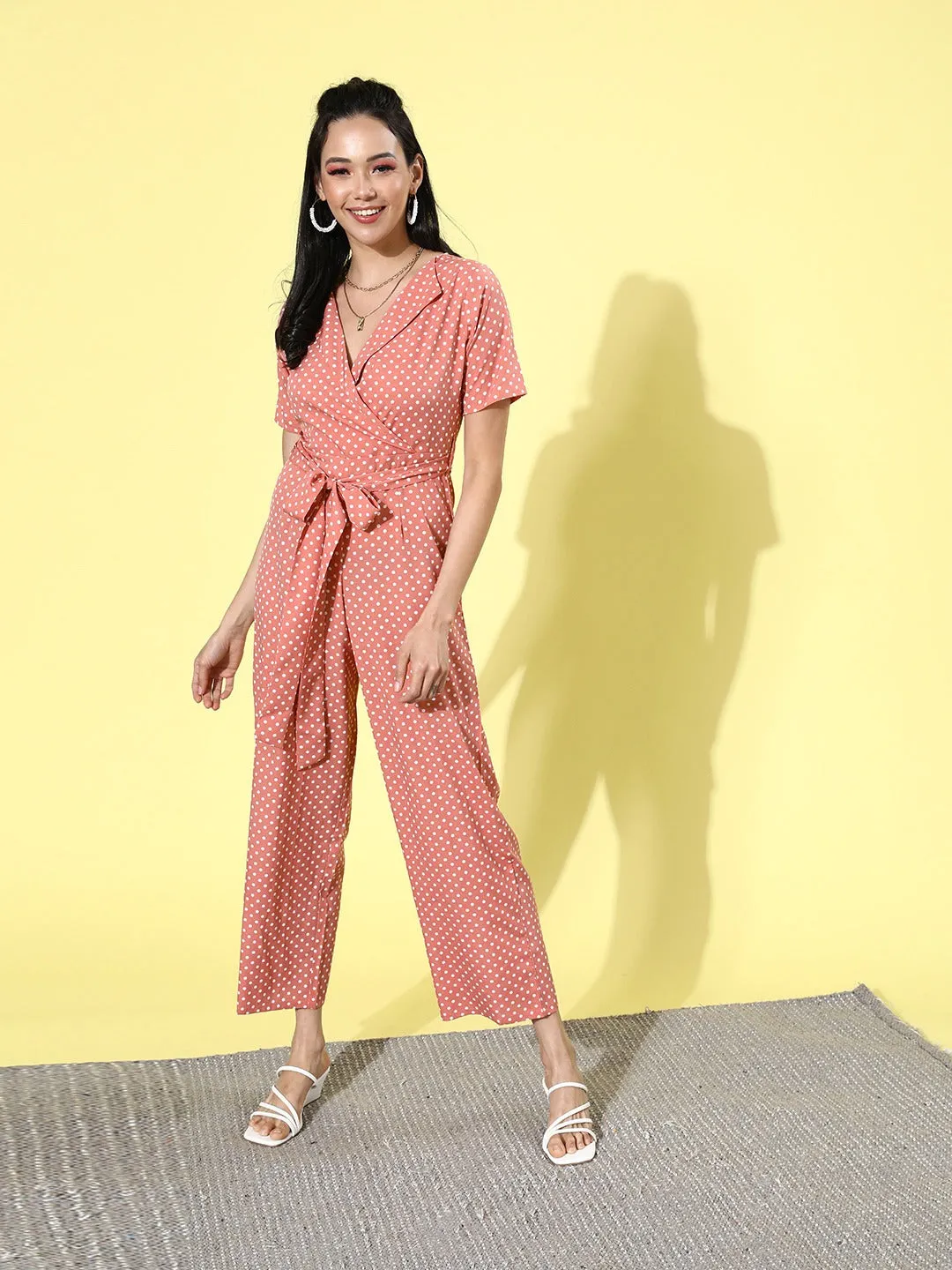 Berrylush Women Pink & White Polka Dot Printed Shawl Neck Waist Tie-Up Jumpsuit