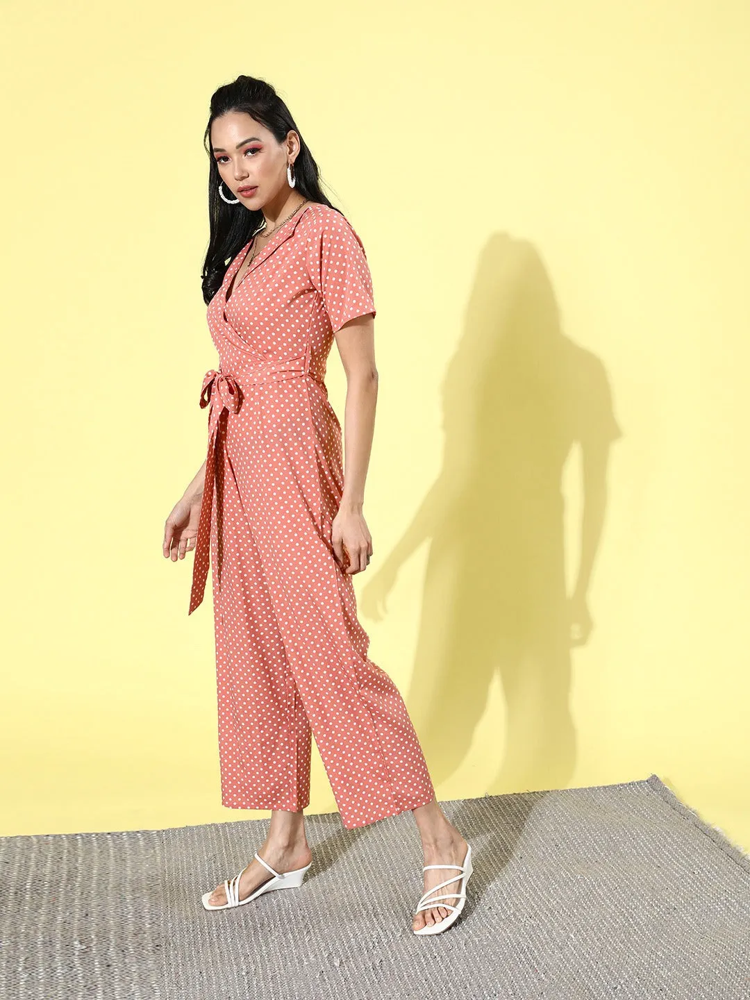 Berrylush Women Pink & White Polka Dot Printed Shawl Neck Waist Tie-Up Jumpsuit