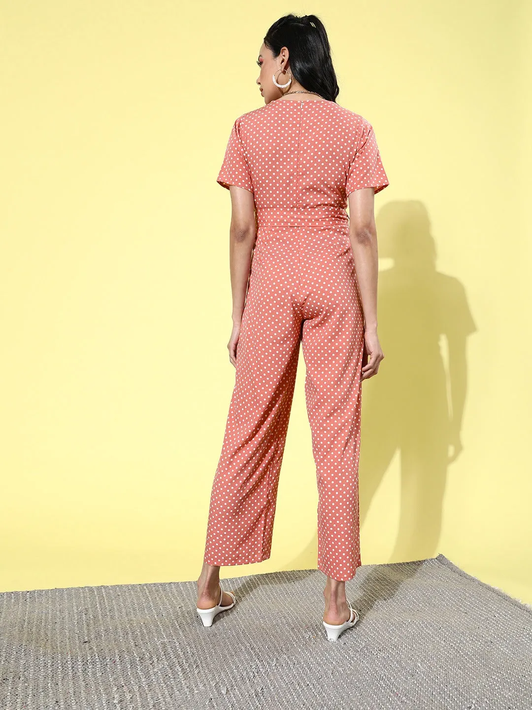 Berrylush Women Pink & White Polka Dot Printed Shawl Neck Waist Tie-Up Jumpsuit