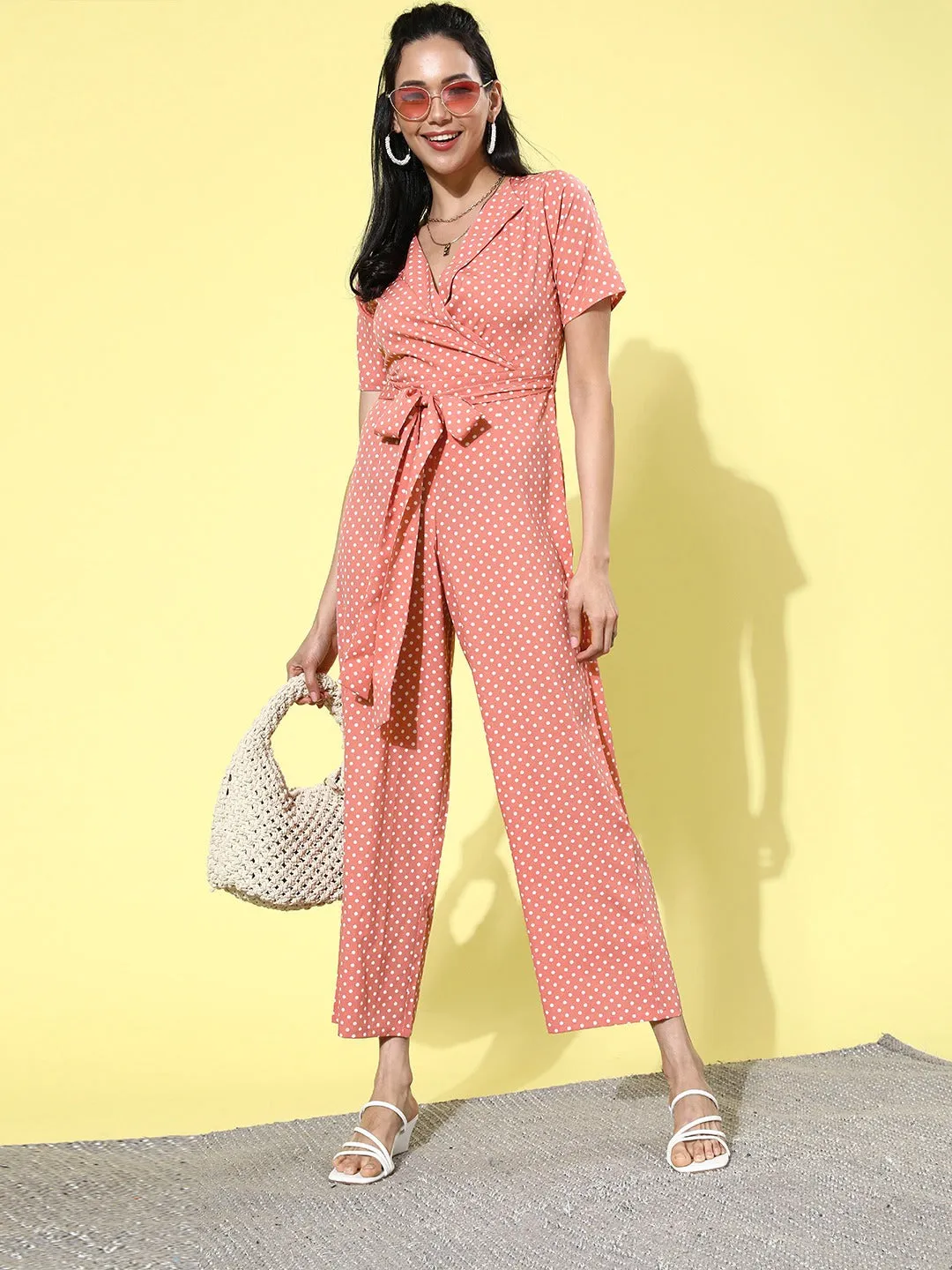 Berrylush Women Pink & White Polka Dot Printed Shawl Neck Waist Tie-Up Jumpsuit