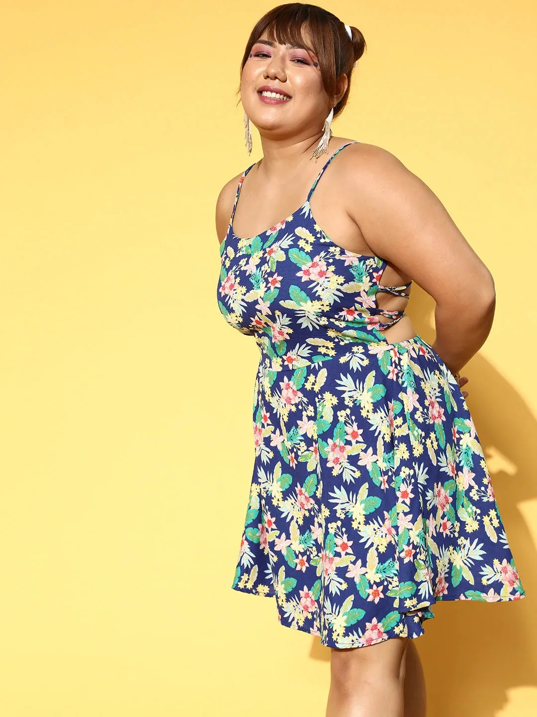 Berrylush Women Plus Size Navy Blue & White Floral Printed Round Neck Caged Back A-Line Mini Dress