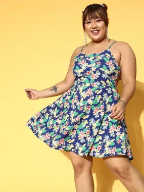 Berrylush Women Plus Size Navy Blue & White Floral Printed Round Neck Caged Back A-Line Mini Dress
