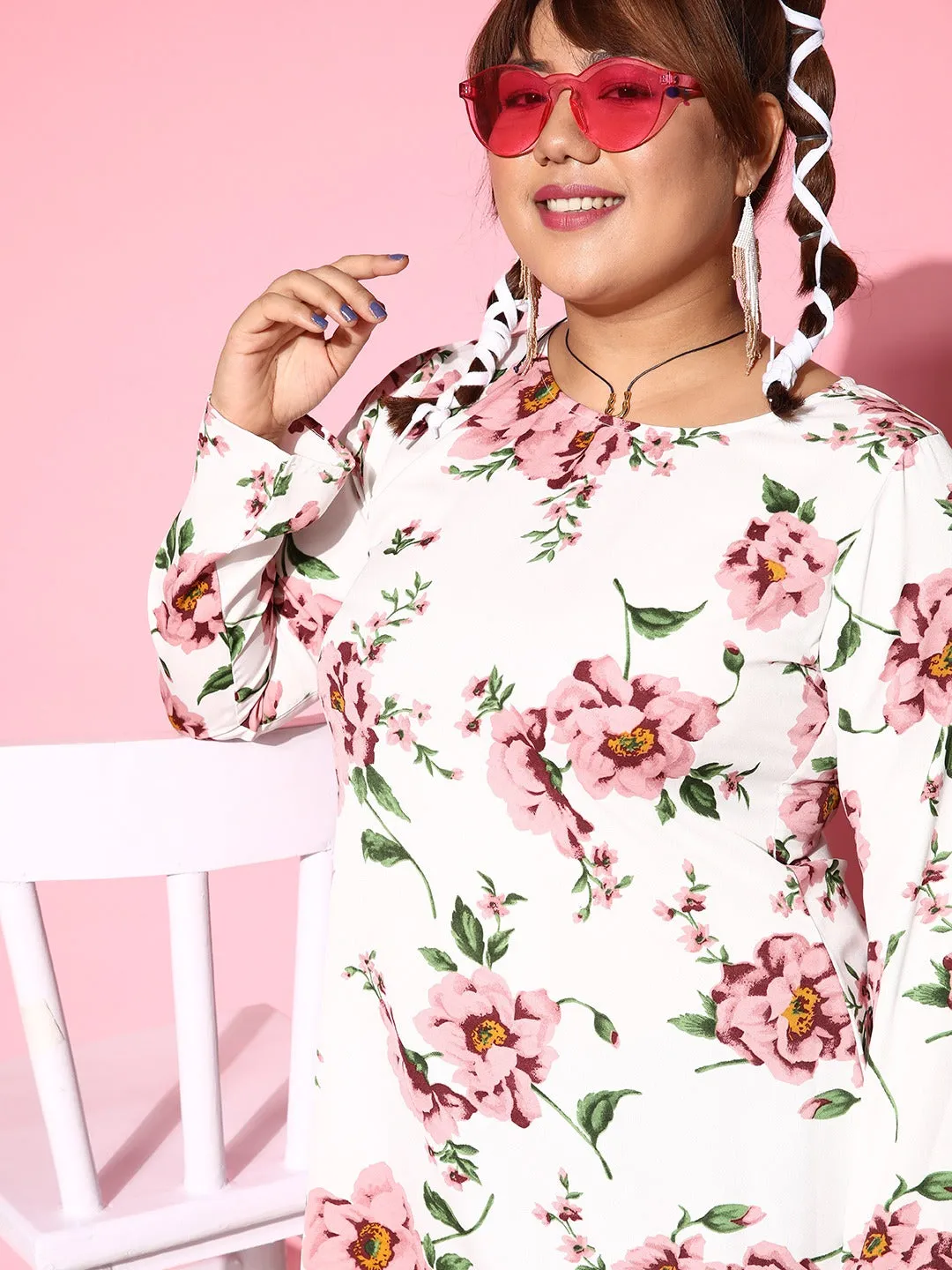 Berrylush Women Plus Size White & Pink Floral Printed Round Neck High-Low Longline Top
