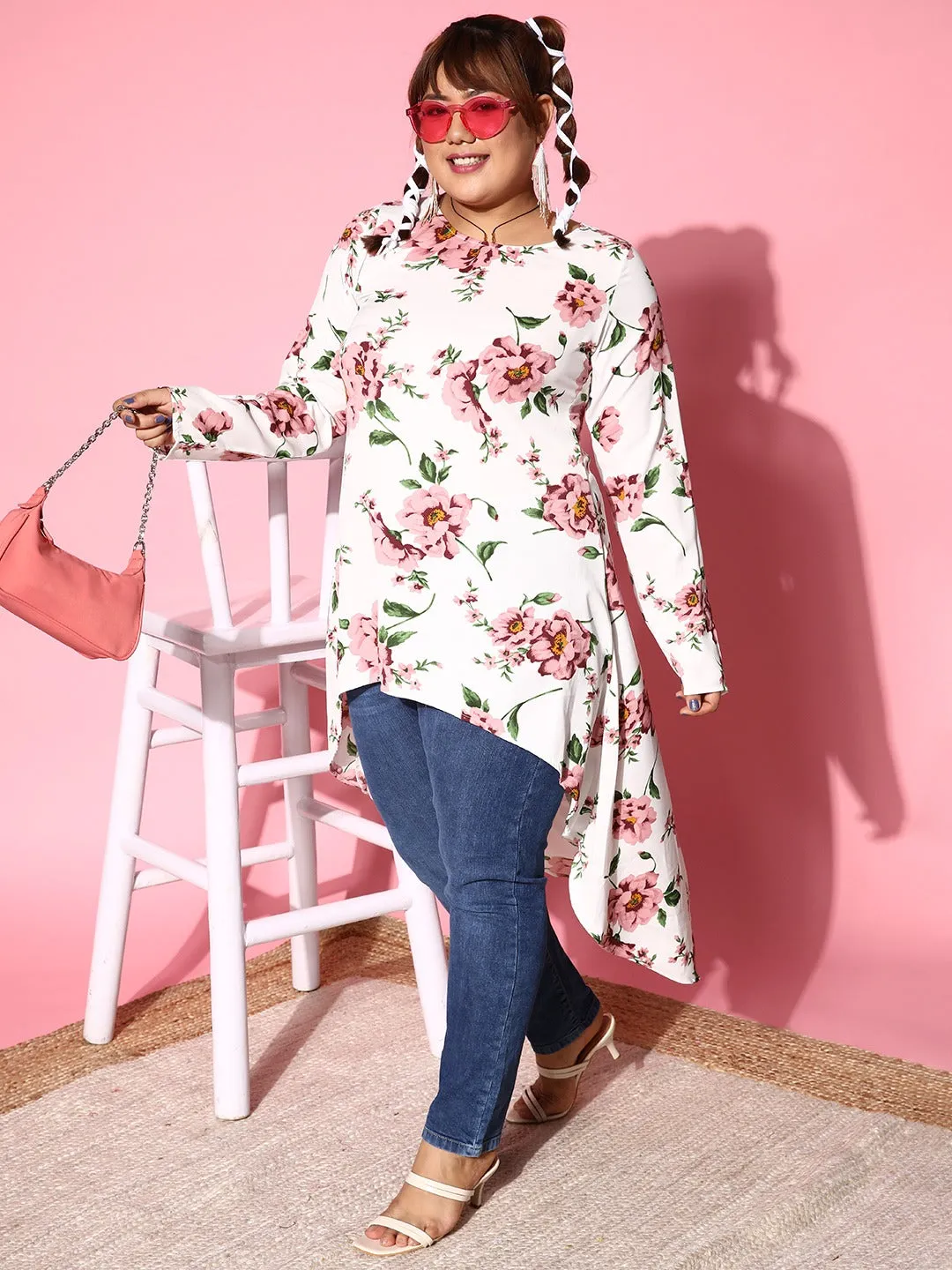 Berrylush Women Plus Size White & Pink Floral Printed Round Neck High-Low Longline Top