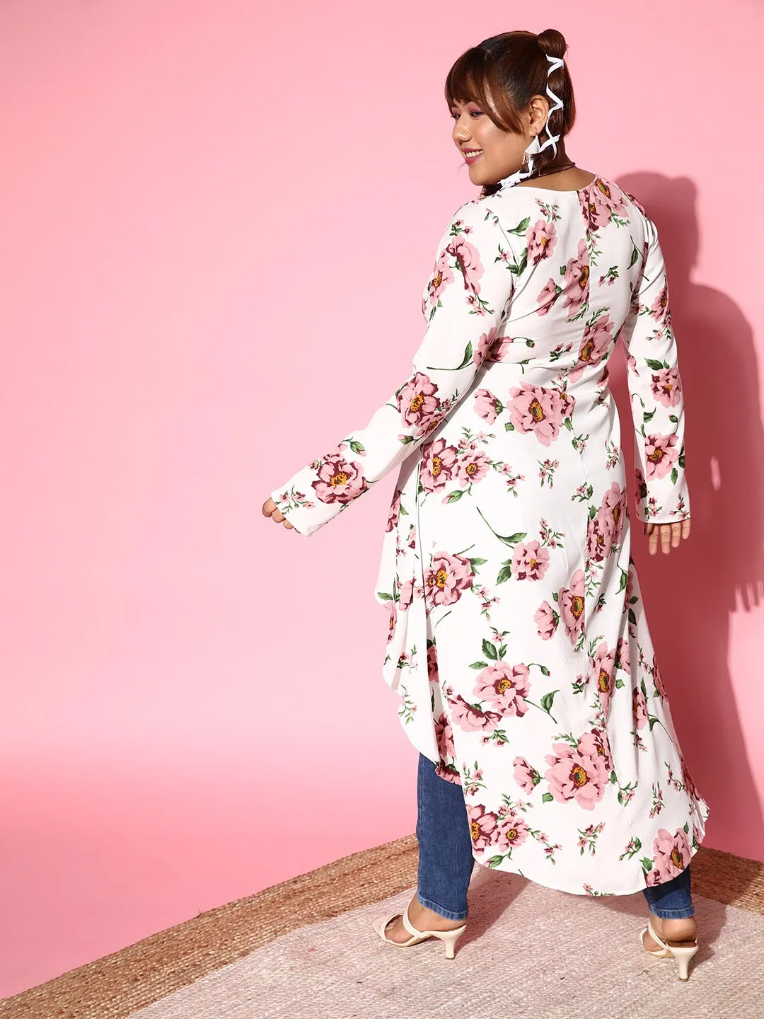 Berrylush Women Plus Size White & Pink Floral Printed Round Neck High-Low Longline Top