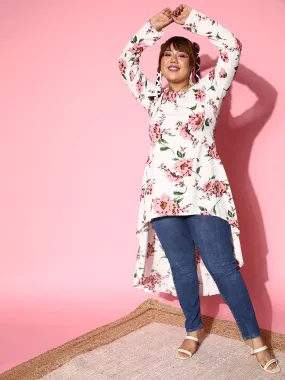 Berrylush Women Plus Size White & Pink Floral Printed Round Neck High-Low Longline Top