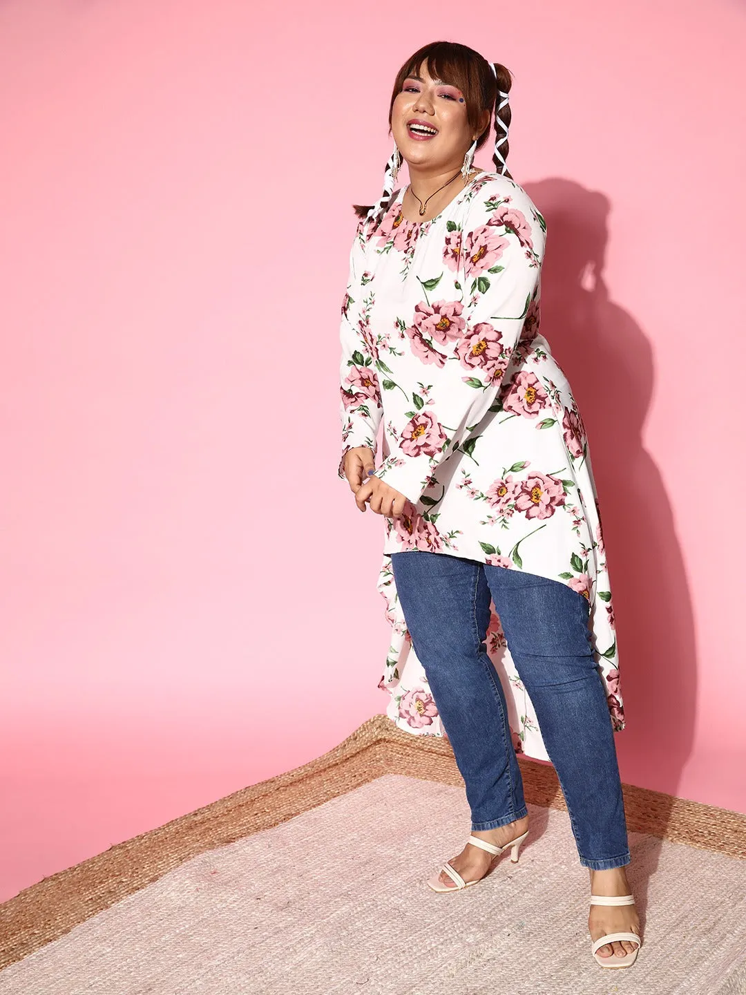 Berrylush Women Plus Size White & Pink Floral Printed Round Neck High-Low Longline Top