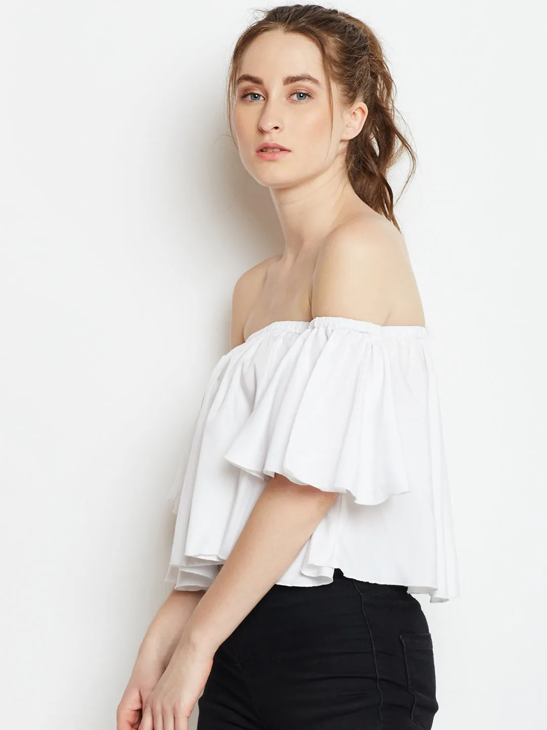 Berrylush Women Solid White Off-Shoulder Neck Crepe Ruffled Bardot Crop Top