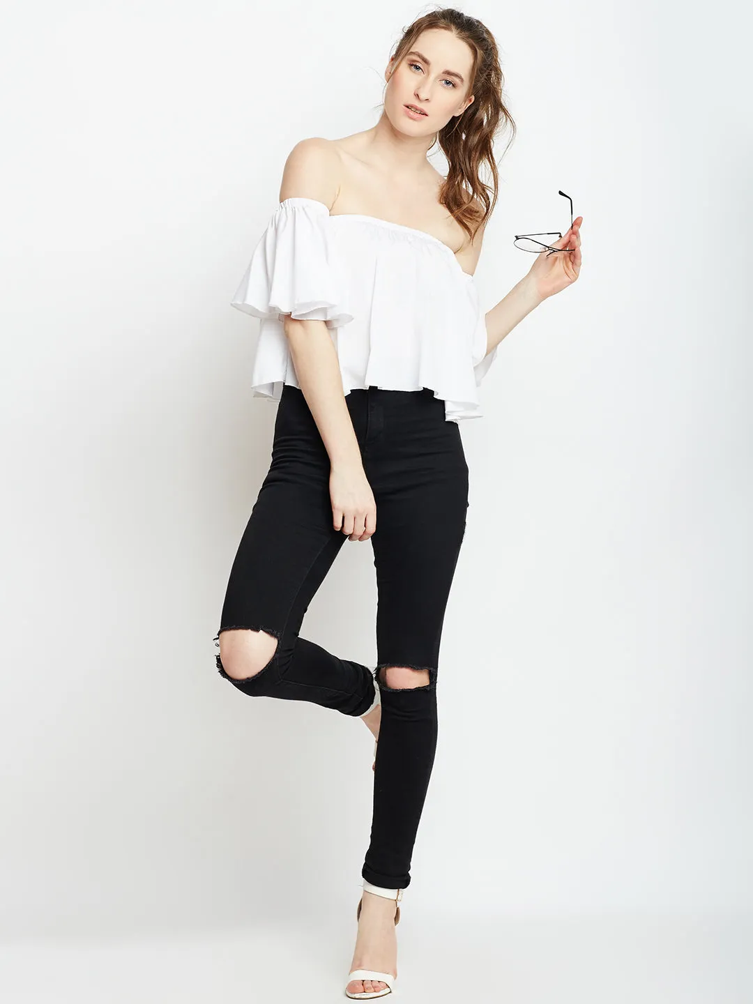 Berrylush Women Solid White Off-Shoulder Neck Crepe Ruffled Bardot Crop Top