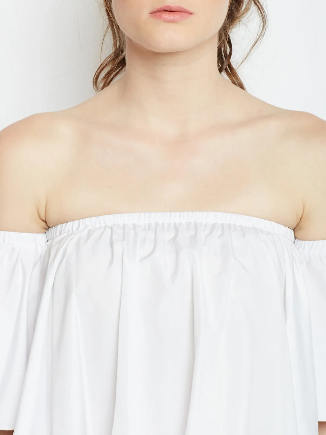 Berrylush Women Solid White Off-Shoulder Neck Crepe Ruffled Bardot Crop Top