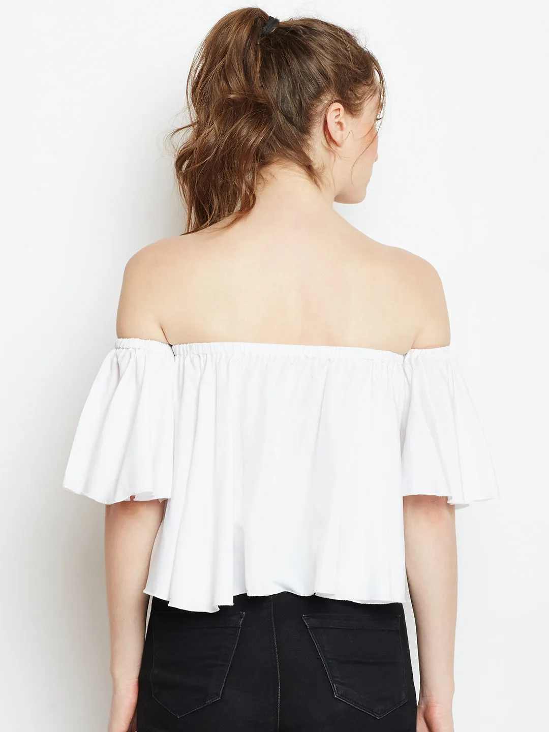 Berrylush Women Solid White Off-Shoulder Neck Crepe Ruffled Bardot Crop Top