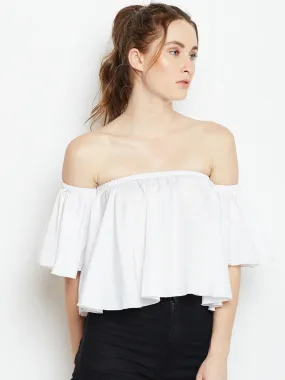 Berrylush Women Solid White Off-Shoulder Neck Crepe Ruffled Bardot Crop Top
